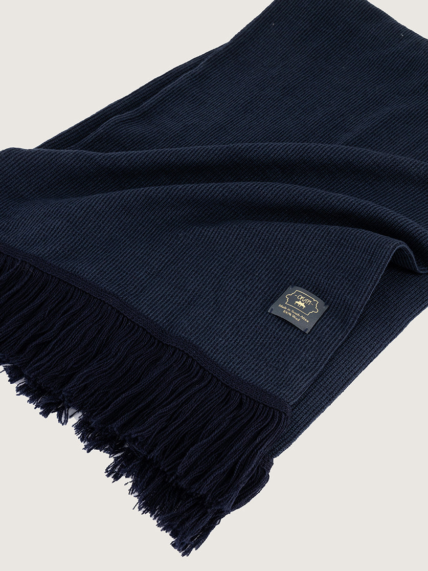 Okapi Fringed Scarf – Navy, 100% Merino Wool – OKAPI