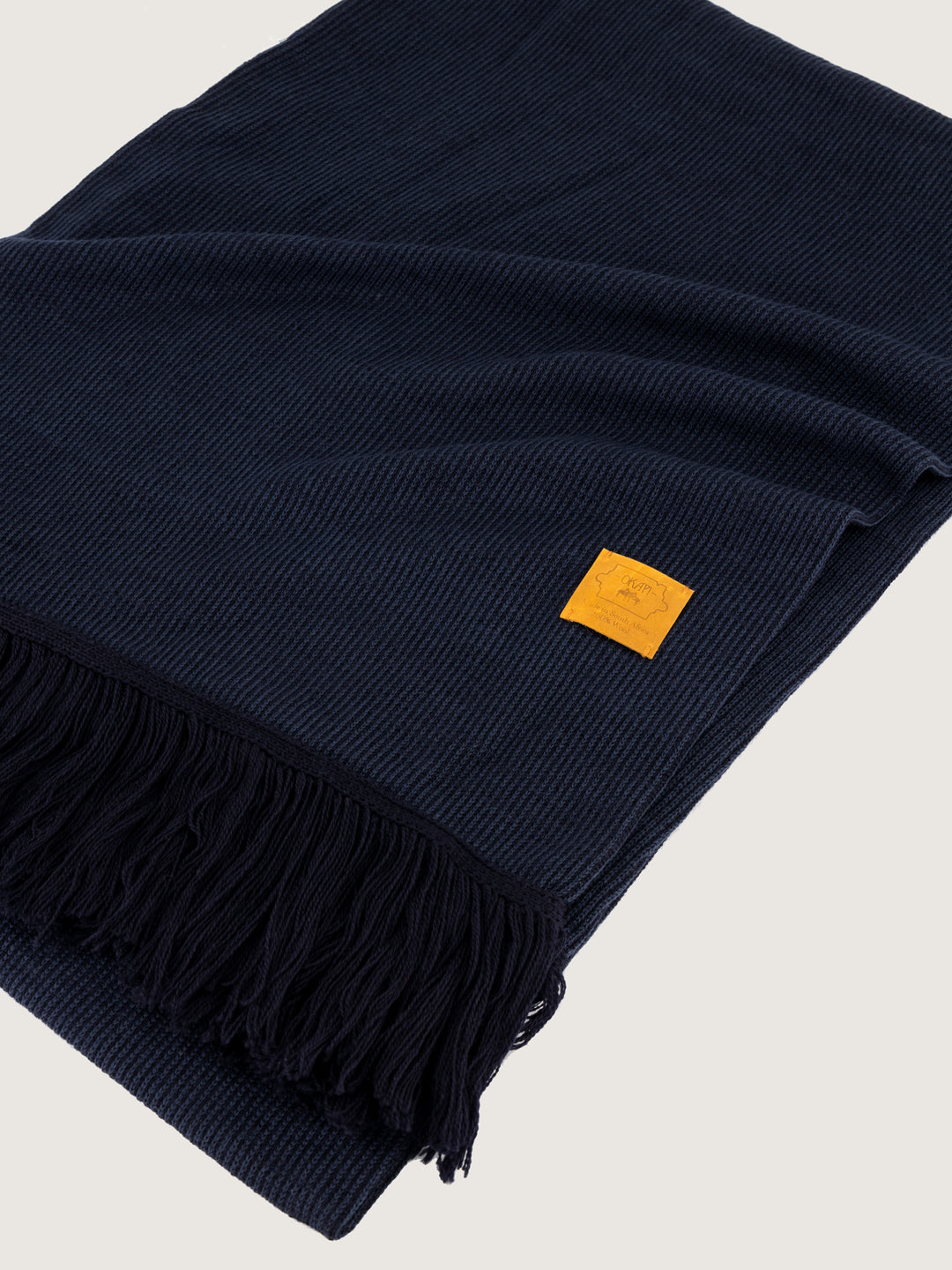 Okapi Fringed Scarf – Navy, 100% Merino Wool – OKAPI