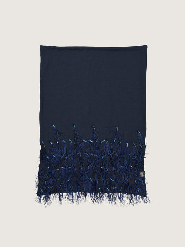 Okapi Shawl with hand beading and feather appliqué - Navy, 100% Merino Wool