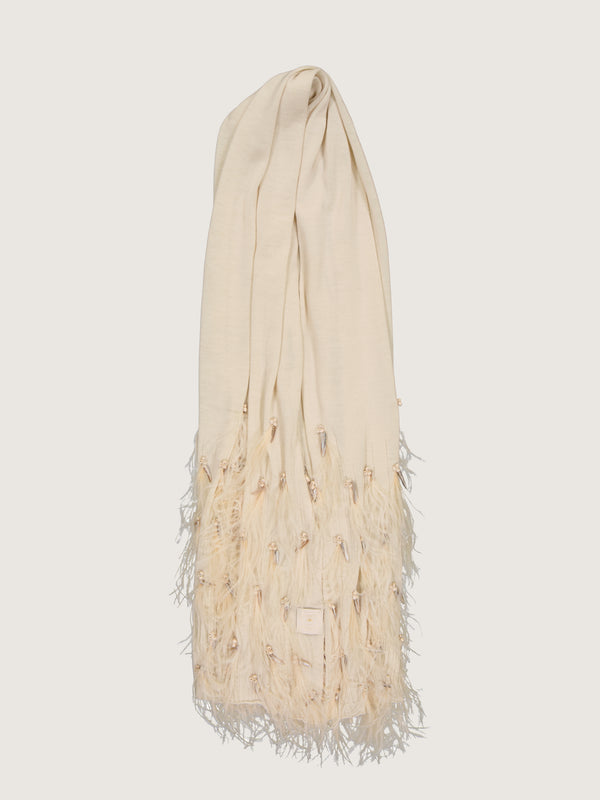 100% Ecro Cream Wool Shawl With Feathered Applique